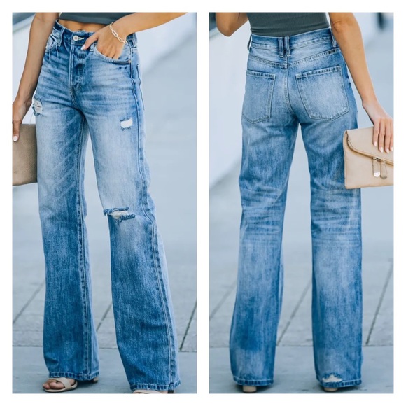 NWT KanCan Kan Can Wide Leg 90’s Flare Distressed Denim Jeans - Picture 2 of 12